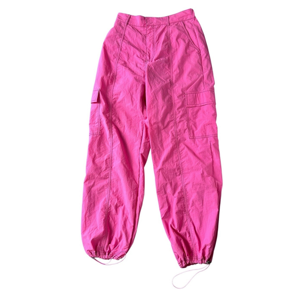 Love Tree Parachute Cargo Pants Wide Leg Small Pink w/ Black Contrast Stitching